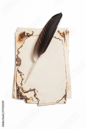 Burnt paper edges on a white background. Burnt vintage parchment background with a black feather. Top view.