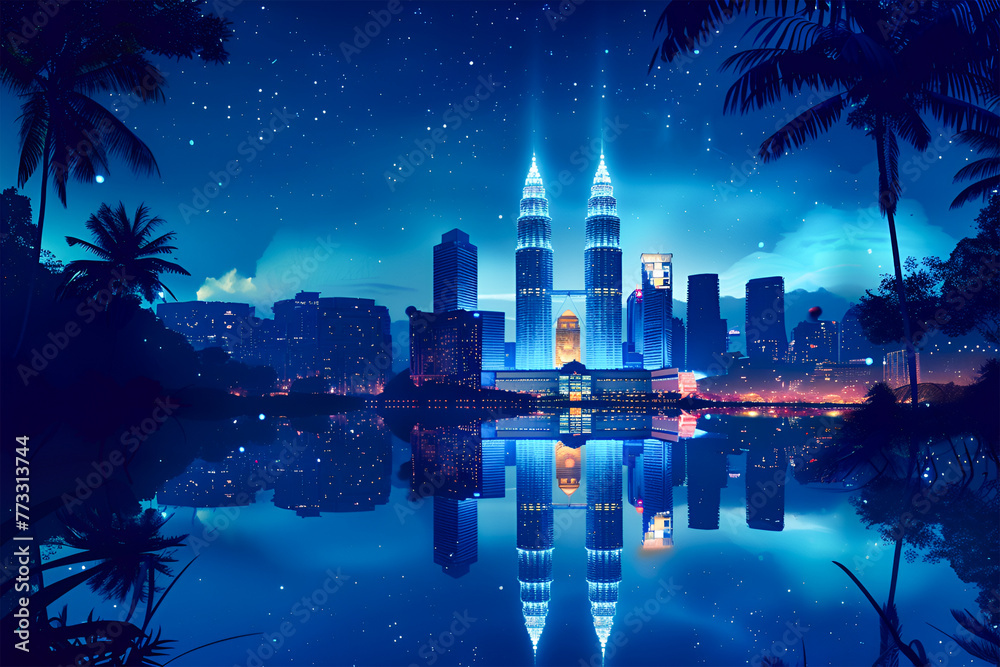 Naklejka premium A flat night sky glow lights vector gradient skyline illustration of Kuala Lumpur Capital of Malaysia.