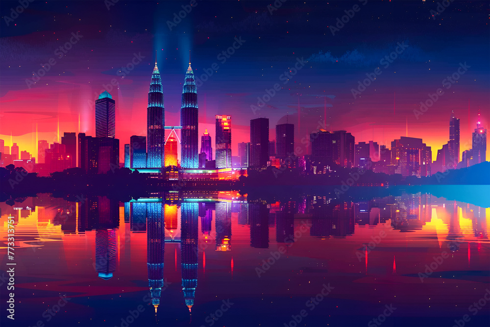 Obraz premium A flat night sky glow lights vector gradient skyline illustration of Kuala Lumpur Capital of Malaysia.