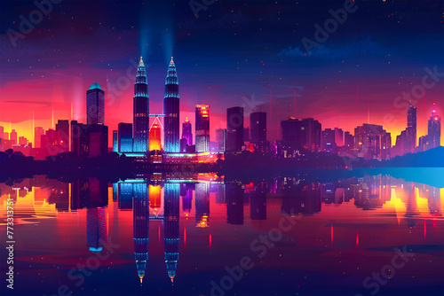 A flat night sky glow lights vector gradient skyline illustration of Kuala Lumpur Capital of Malaysia.