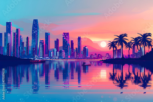 A gradient vector skyline illustration of Panama City. Beautiful landscape. Abstract art poster.