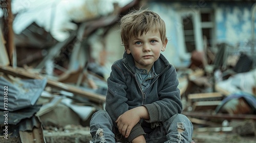 little child sitting in front of demolished home