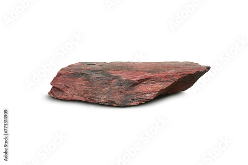 Red siltstone rock specimen isolated on white background.