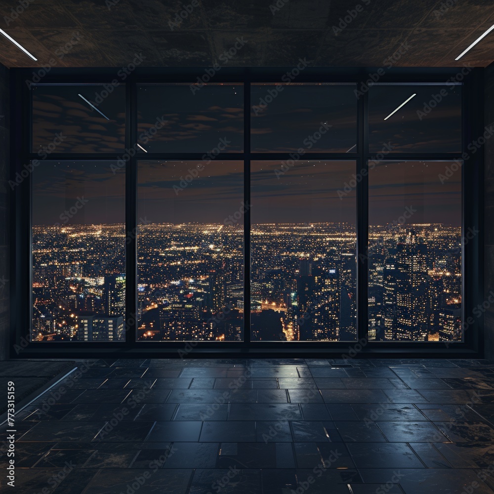 An Empty Room With a View of the City at Night