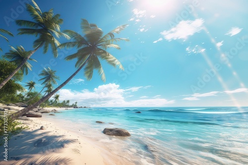 Tropical exotic sunny sand beach with palms and clear blue water. © Inna