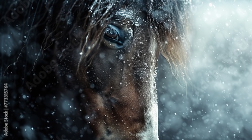   A tight shot of a horse s face  eyes wide open  amidst falling snow