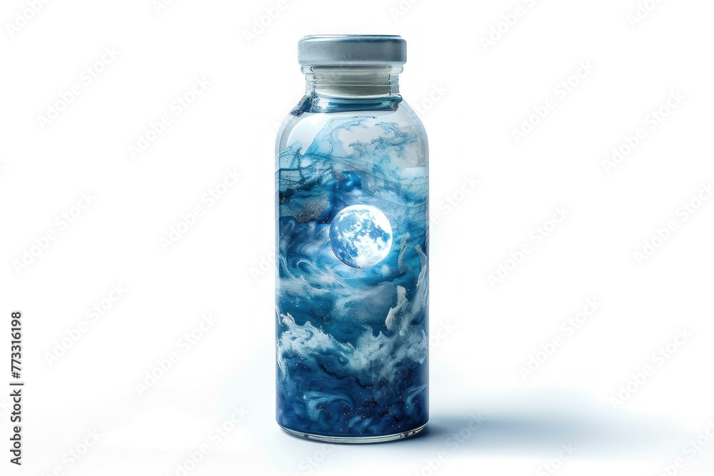 A crystal vial filled with swirling, bioluminescent nebula clouds, capped with a miniature moon, isolated on a white background