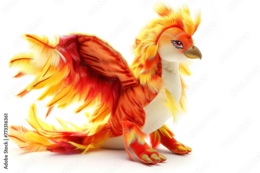 A small, plush phoenix with flames gently flickering along its wings, its eyes shimmering with wisdom, isolated on a white background