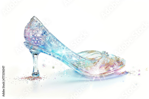 A delicate glass slipper filled with sparkling, fairy dust that glitters and shifts colors in the light, isolated on a white background