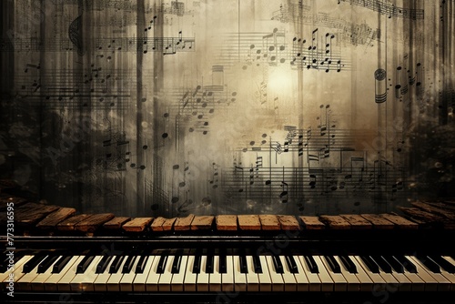A musical theme with piano keys creating a border around the text.