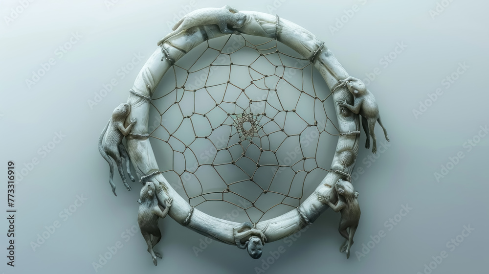 A soapstone sculpture of a dreamcatcher, its web intricately carved to show scenes of dreams it has caught, with figures of sleeping animals encircling its frame. A soapstone sculpture of a dreamcatcher, its web intricately carved to show scenes of dreams it has caught, with figures of sleeping animals encircling its frame.