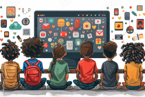 Illustration of children accessing technology and digital learning tools to bridge educational gaps and empower them with knowledge and skills for a brighter future.