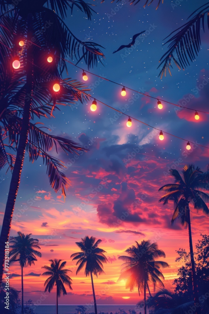string, palm trees, and tropical sunset sky background