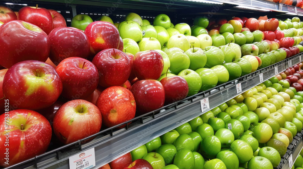 Red and green apple fruits in a supermarket