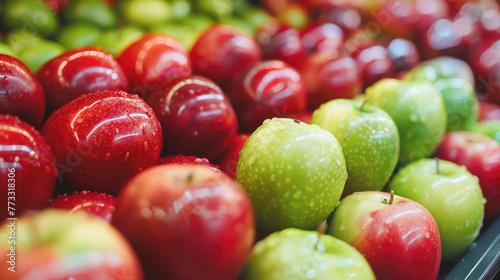 Red and green apple fruits in a supermarket