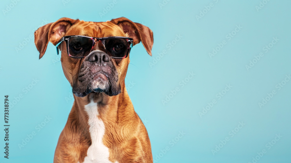 Boxer dog wearing sunglasses while standing on an isolated light blue background