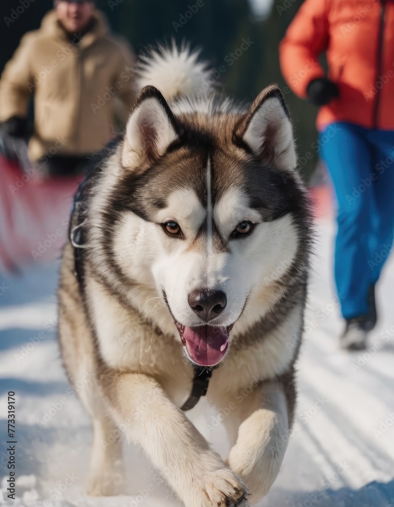 front view at four siberian huskys at race in winter front view at four siberian huskys at race in winter