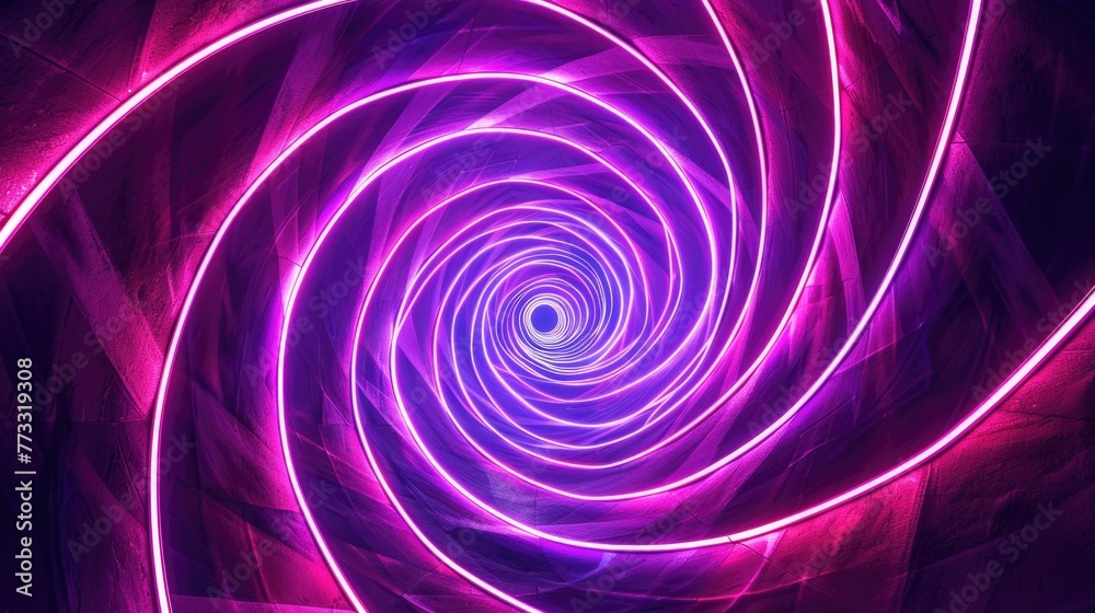Graphic design art of abstract illusion of spiral with geometric shapes of pink and violet neon lines Graphic design art of abstract illusion of spiral with geometric shapes of pink and violet neon lines