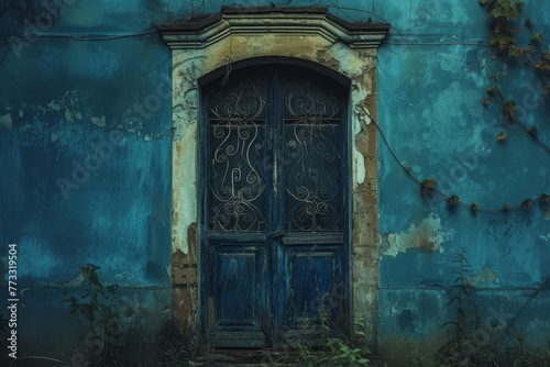  An old building with a blue door and vines wrapping around it, specifically, the door frame A solitary vine also climbs up the exterior, enhancing the building's natural