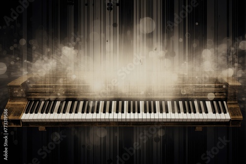 A musical theme with piano keys creating a border around the text.