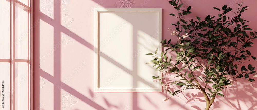 Pink floral mockup with empty frame, surreal flowers, plant and decoration. Shadows effect. Interior 3d design. Copy space. Generative ai Pink floral mockup with empty frame, surreal flowers, plant and decoration. Shadows effect. Interior 3d design. Copy space. Generative ai