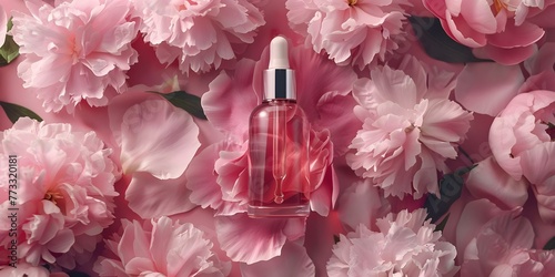 Fototapeta Naklejka Na Ścianę i Meble -  Top view of a glass dropper bottle with peony petals background: Skincare product mockup presentation. Concept Product Photography, Skincare, Mockup Presentation, Glass Dropper Bottle, Top View