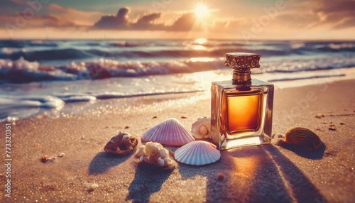 Perfume bottle mockup on sand on beach, elegance perfumery