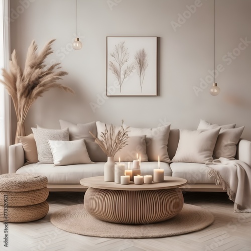A serene, well-lit modern living room with neutral color palette and decorative elements
