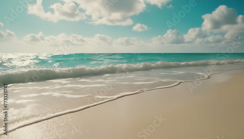 Closeup sea sand beach. Panoramic beach landscape. Inspire tropical beach seascape horizon. golden sunset with blue sky, calmness tranquil relaxing sunlight summer mood. Vacation travel holiday banner