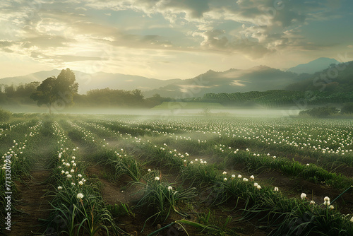 A serene countryside scene where morning mist caresses lush garlic fields, creating an enchanting ambiance of tranquility and abundance.