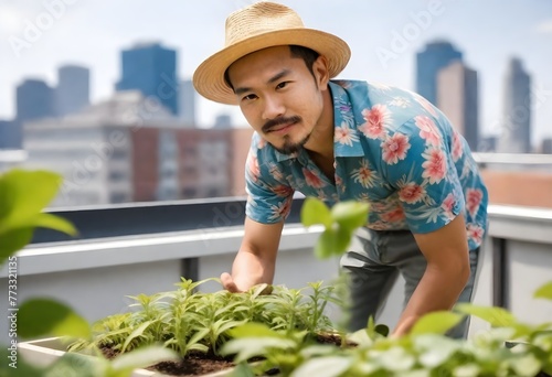 man in a boho shirt and straw hat tending to his rooftop garden