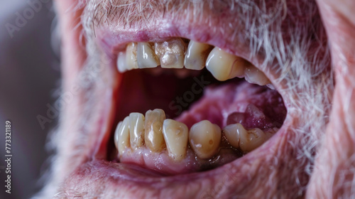 Periodontal disease and missing teeth in an elderly man. Close up shot of a toothless male mouth. Man showing his rotten teeth, caries, decayed and weak enamel, teeth falling out, dental problems