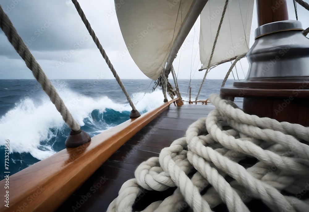 Obraz premium ropes and sails flapping wildly in strong winds