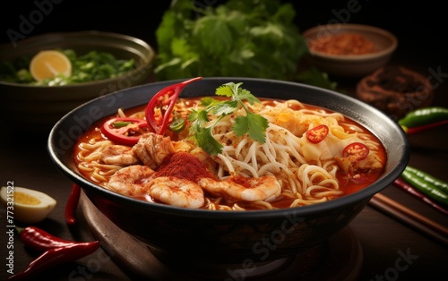 A delicious bowl filled with noodles, succulent shrimp, and fresh vegetables