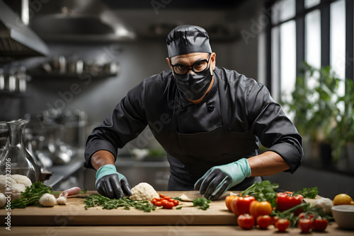A professional chef dressed in a uniform and toque is skillfully chopping a variety of vegetables on a kitchen countertop against a kitchen backdrop.