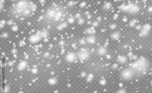 Christmas snow flake pattern. Snowfall, snowflakes in different shapes and forms. Many white cold flakes elements on transparent background. Magic white snowfall texture.