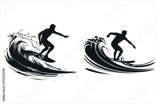 Surfing silhouette, surfing man doing surf silhouette black artwork on white background