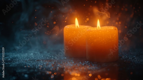 Two candles in focus on a table, background softly blurred Candle reflection clear on table surface