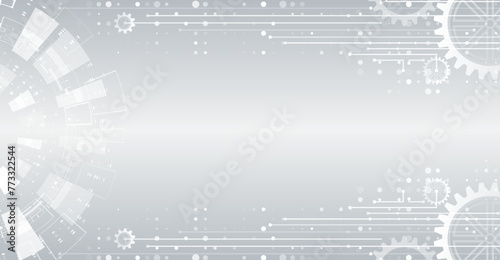 Science concept, circuit board and gear mechanism. Abstract hi tech communication for presentation or banner. Sci-fi gray background with various technology elements.