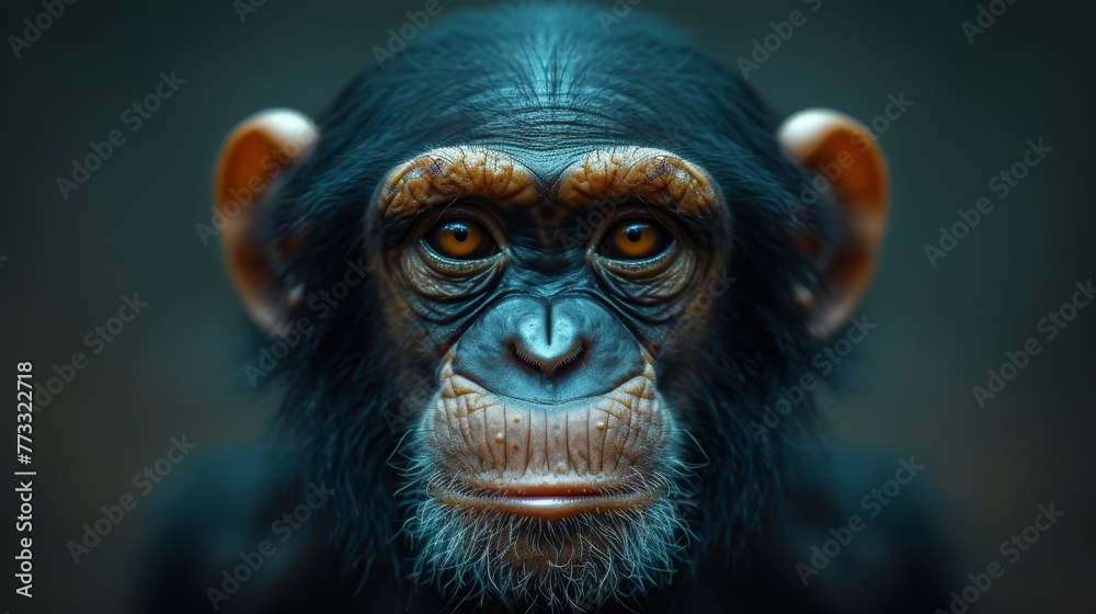 Close-up of a monkey's intense face against black background Close-up of a monkey's intense face against black background