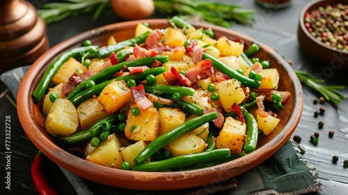 Belgian salad "Liege" is a warm salad of green beans, potatoes and bacon