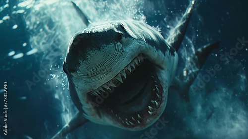 Aggressive shark attacking in water, underwater predator photo
