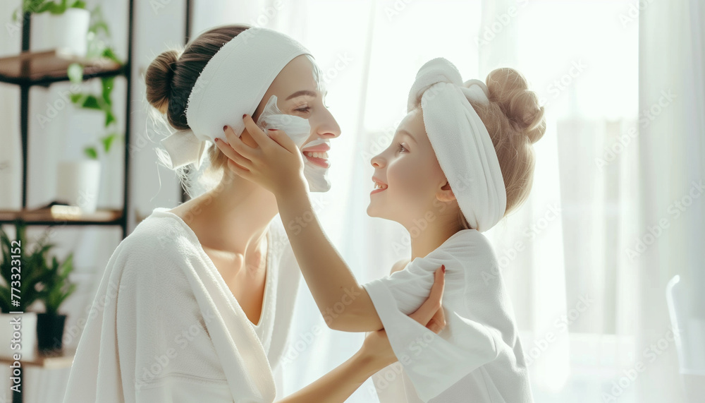 Mother and daughter caring for skin, applying cream on skin, skincare and beauty. - obrazy, fototapety, plakaty 