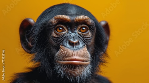   A close-up of a monkey's face against a yellow wall backdrop © Mikus