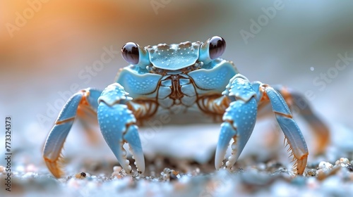  A clear close-up of a blue crab against a softly blurred background The crab's legs are also gently blurred