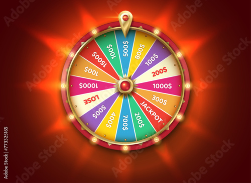 Multicolored fortune wheel at backlight color realistic vector illustration. Gambling game chances. Casino roulette 3d object on red background
