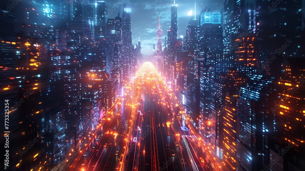 A cityscape with a long road filled with cars and buildings. The city is lit up with bright lights, giving it a futuristic and energetic vibe