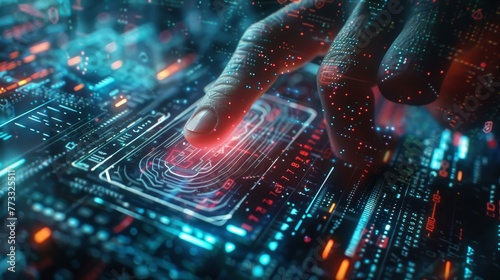 A hand is pointing at a computer screen with a red finger. The image is a representation of a digital world, with a lot of numbers and lines. Scene is futuristic and technological photo