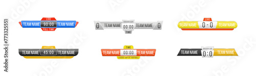 Scoreboard broadcast graphic and lower thirds template for sport soccer, football. Broadcast score banner. Sport scoreboard with time and result display. Vector illustration