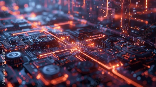 A computer chip with a cross on it is lit up in orange. The image is of a cityscape with a lot of lights and a lot of technology